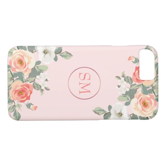 Perzik Roos Blush Roze Bloemen Monogram Case-Mate iPhone Case (Achterkant (Horizontaal))