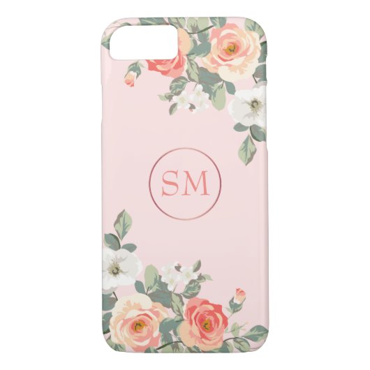 Perzik Roos Blush Roze Bloemen Monogram Case-Mate iPhone Case (Achterkant)