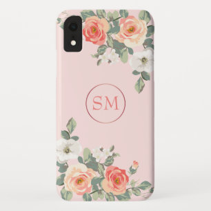 Perzik Roos Blush Roze Bloemen Monogram Case-Mate iPhone Case