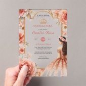 Perzik Roos Goud Quinceañera Jurk Floral Quince Acryl Uitnodigingen (Insitu (Draagbaar))