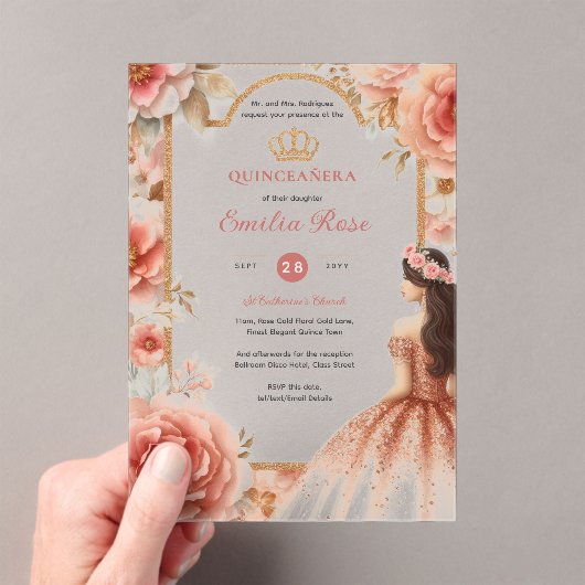 Perzik Roos Goud Quinceañera Jurk Floral Quince Acryl Uitnodigingen (Insitu (Draagbaar))