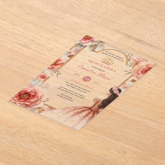 Perzik Roos Goud Quinceañera Jurk Floral Quince Acryl Uitnodigingen (Laagn)