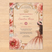 Perzik Roos Goud Quinceañera Jurk Floral Quince Acryl Uitnodigingen (Voorkant)