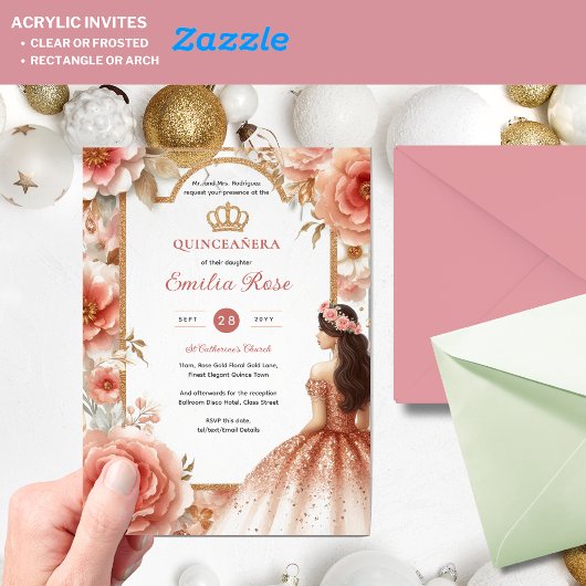 Perzik Roos Goud Quinceañera Jurk Floral Quince Acryl Uitnodigingen