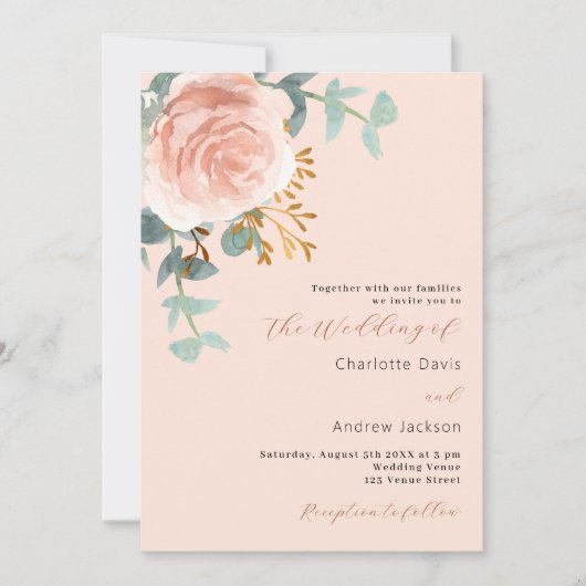 Perzik roos gouden bloemen groen QR RSVP bruiloft Kaart (Voorkant)