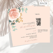 Perzik roos gouden bloemen groen QR RSVP bruiloft Kaart