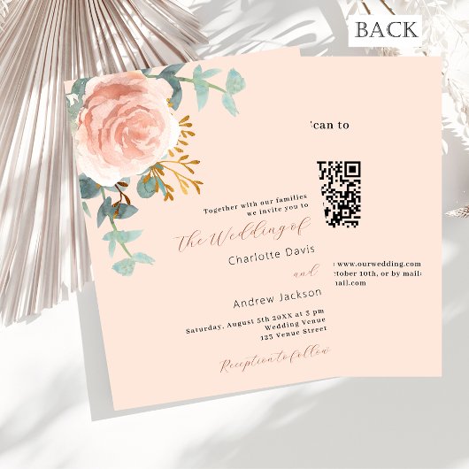 Perzik roos gouden bloemen groen QR RSVP bruiloft Kaart