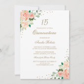 Perzik Roos Gouden Bloemen Quinceanera Invitation Kaart (Voorkant)