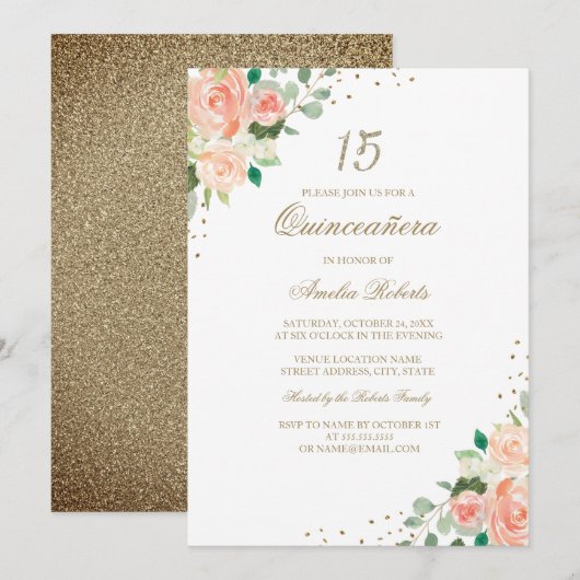 Perzik Roos Gouden Bloemen Quinceanera Invitation Kaart (Voorkant / Achterkant)