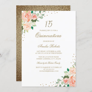 Perzik Roos Gouden Bloemen Quinceanera Invitation Kaart