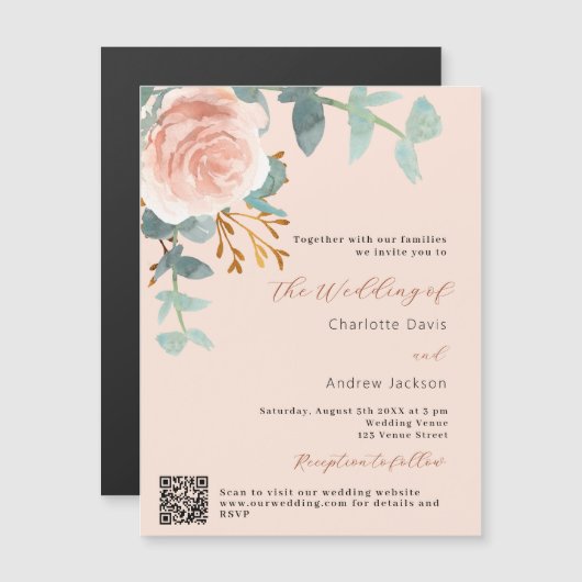 Perzik roos gouden bloemenQR RSVP luxe bruiloft Magnetische Uitnodiging (Voorkant / Achterkant)