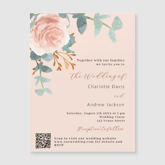 Perzik roos gouden bloemenQR RSVP luxe bruiloft Magnetische Uitnodiging (Voorkant)
