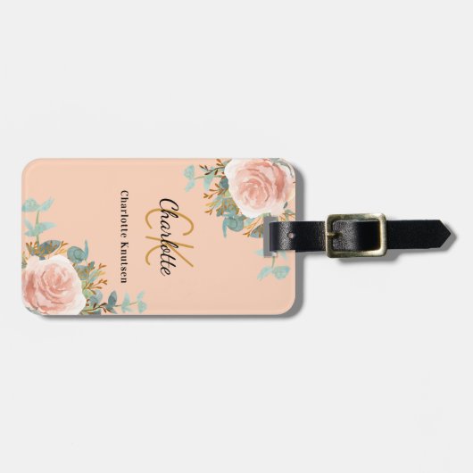 Perzik roos gouden bloemstukken monogram elegant bagagelabel (Voorkant horizontaal)