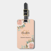 Perzik roos gouden bloemstukken monogram elegant bagagelabel (Voorkant verticaal)