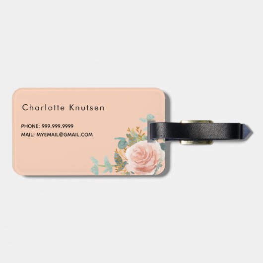 Perzik roos gouden bloemstukken monogram elegant bagagelabel (Achterkant horizontaal)