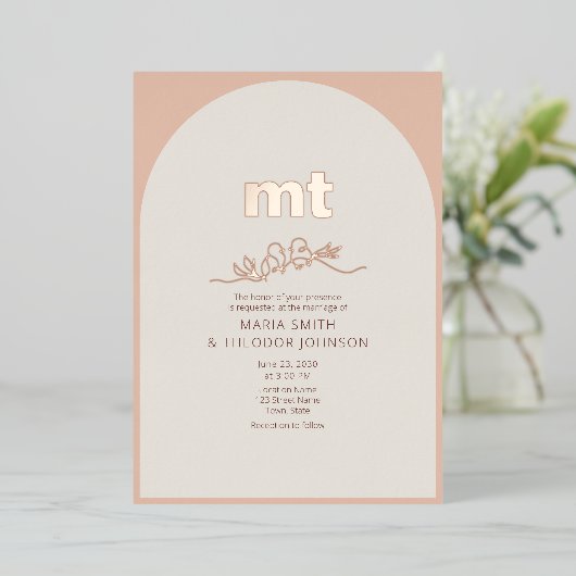 Perzik Roos Gouden Folie Huwelijksuitnodiging + QR Folie Uitnodiging (Staand Voorkant)