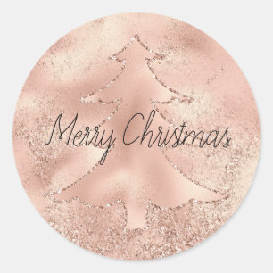 Perzik Roos Gouden Glitter Kerstboom Ronde Sticker