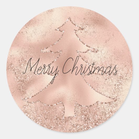 Perzik Roos Gouden Glitter Kerstboom Ronde Sticker (Voorkant)