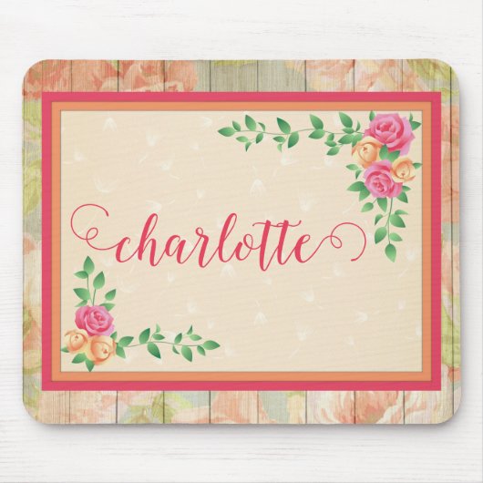 Perzik Roos Patroon Land Omheining Naam Muismat (Voorkant)
