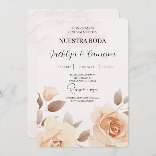 Perzik roos Spaans bruiloft uitnodiging (Voorkant / Achterkant)