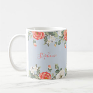 Perzik Roos Stoffig Blauw Bloemen Gepersonaliseerd Koffiemok