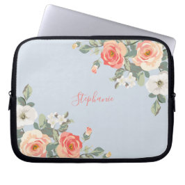 Perzik Roos Stoffig Blauw Bloemen Gepersonaliseerd Laptop Sleeve