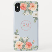 Perzik Roos Stoffig Blauw Bloemen Monogram Case-Mate iPhone Case (Achterkant)