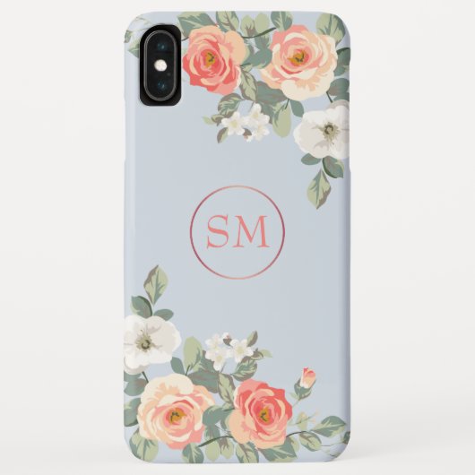 Perzik Roos Stoffig Blauw Bloemen Monogram Case-Mate iPhone Case (Achterkant)