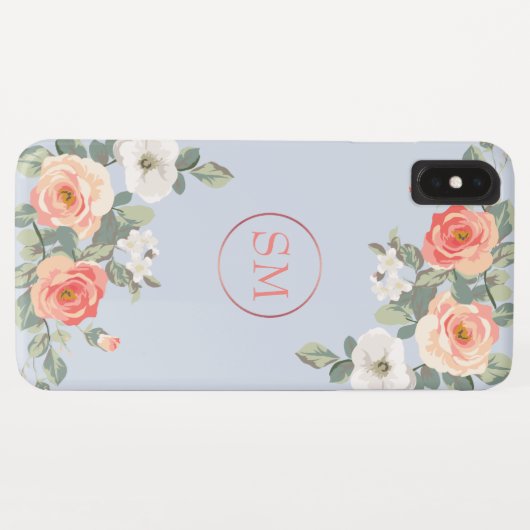 Perzik Roos Stoffig Blauw Bloemen Monogram Case-Mate iPhone Case (Achterkant (horizontaal))