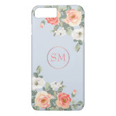 Perzik Roos Stoffig Blauw Bloemen Monogram Case-Mate iPhone Case (Achterkant)