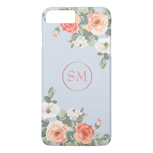 Perzik Roos Stoffig Blauw Bloemen Monogram Case-Mate iPhone Case (Achterkant)