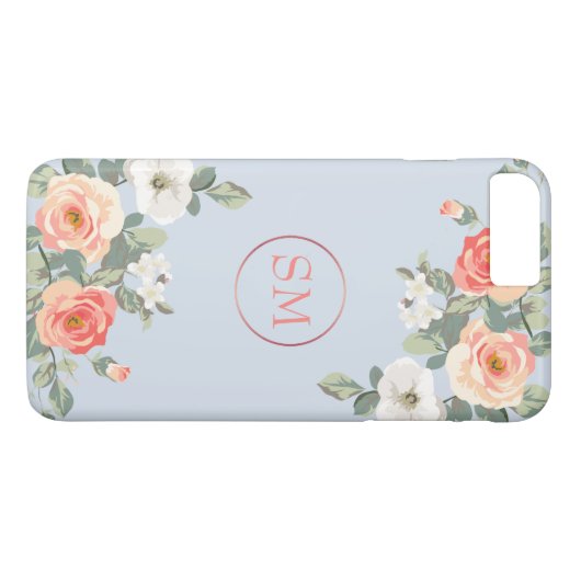 Perzik Roos Stoffig Blauw Bloemen Monogram Case-Mate iPhone Case (Achterkant (Horizontaal))