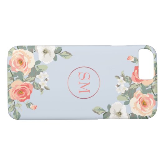 Perzik Roos Stoffig Blauw Bloemen Monogram Case-Mate iPhone Case (Achterkant (Horizontaal))