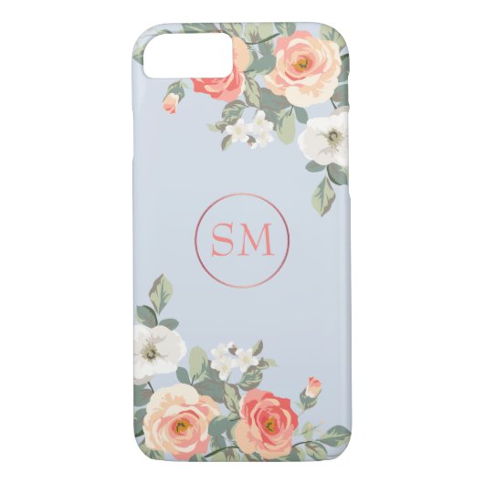 Perzik Roos Stoffig Blauw Bloemen Monogram Case-Mate iPhone Case (Achterkant)