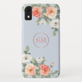 Perzik Roos Stoffig Blauw Bloemen Monogram Case-Mate iPhone Case (Achterkant)