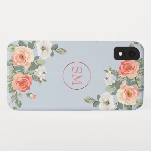 Perzik Roos Stoffig Blauw Bloemen Monogram Case-Mate iPhone Case (Achterkant (horizontaal))