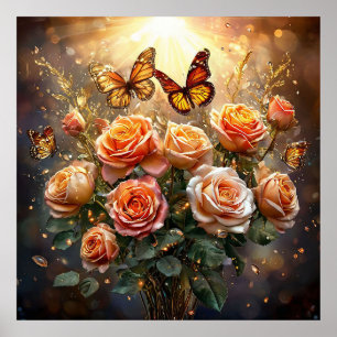 🌹 Perzik Roos Vlinder Muurkunst Lente Bloemstuk Poster