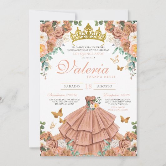 Perzik Rosegold Blush Vlinder Quinceanera Kaart (Voorkant)
