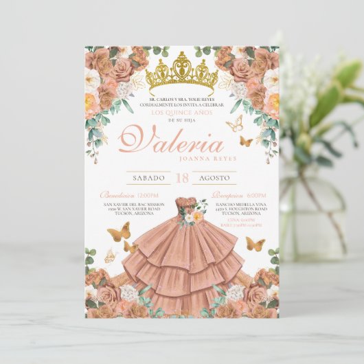 Perzik Rosegold Blush Vlinder Quinceanera Kaart (Staand voorkant)