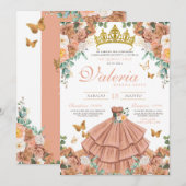 Perzik Rosegold Blush Vlinder Quinceanera Kaart (Voorkant / Achterkant)