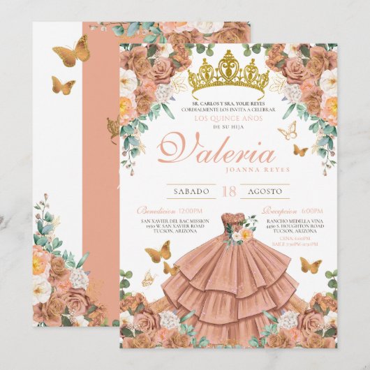 Perzik Rosegold Blush Vlinder Quinceanera Kaart (Voorkant / Achterkant)