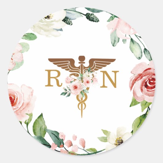 Perzik Roze Bloem Caduceus Goud RN Afgestudeerde Ronde Sticker (Voorkant)