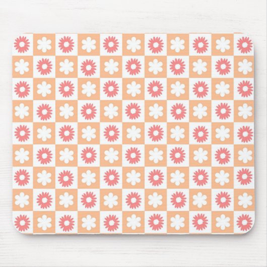 Perzik Roze Bloem Checkerboard Moderne Retro Muismat (Voorkant)