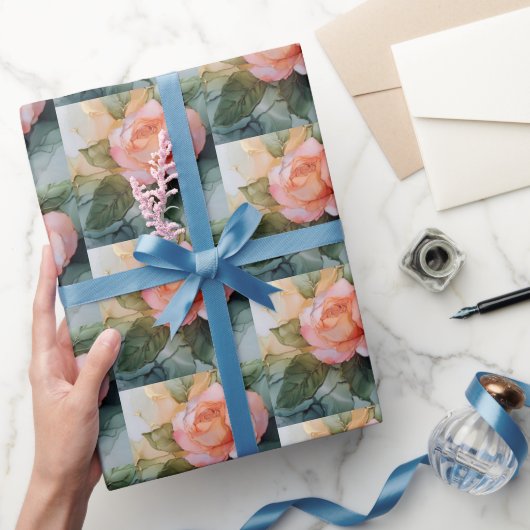 Perzik Roze Bloemachtige Bruidsdouche Cadeaupapier (Geschenken)