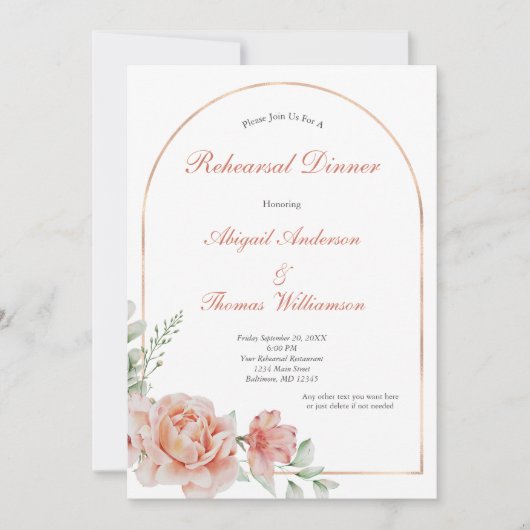 Perzik roze bloemboog Elegant repetitie diner Kaart (Voorkant)