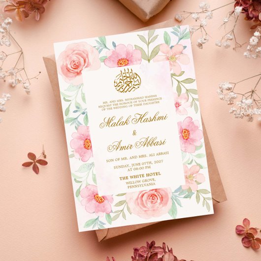 Perzik & Roze Bloemen Goud Design Islamitische bru Kaart