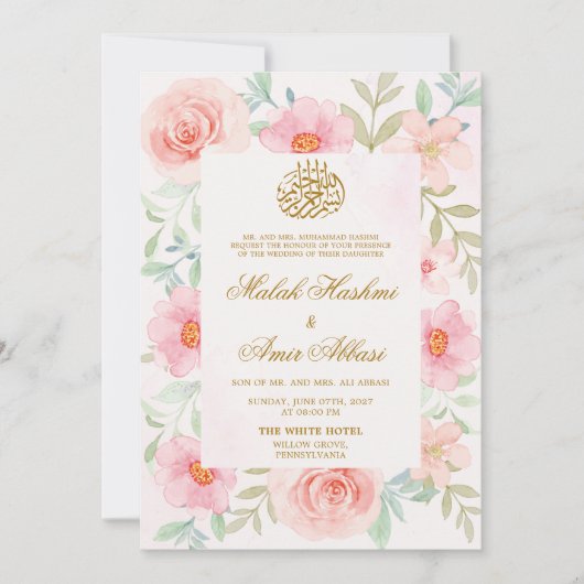 Perzik & Roze Bloemen Goud Design Islamitische bru Kaart (Voorkant)