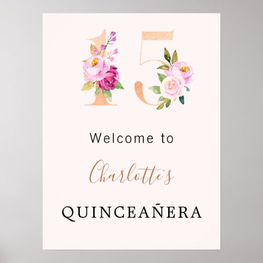 Perzik roze bloemen nummer Quinceanera welkom Poster (Voorkant)
