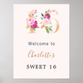 Perzik roze bloemen nummer Sweet 16 welkom Poster (Voorkant)