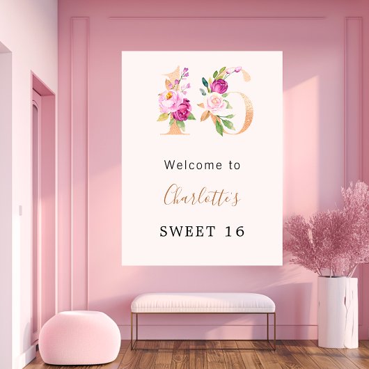 Perzik roze bloemen nummer Sweet 16 welkom Poster